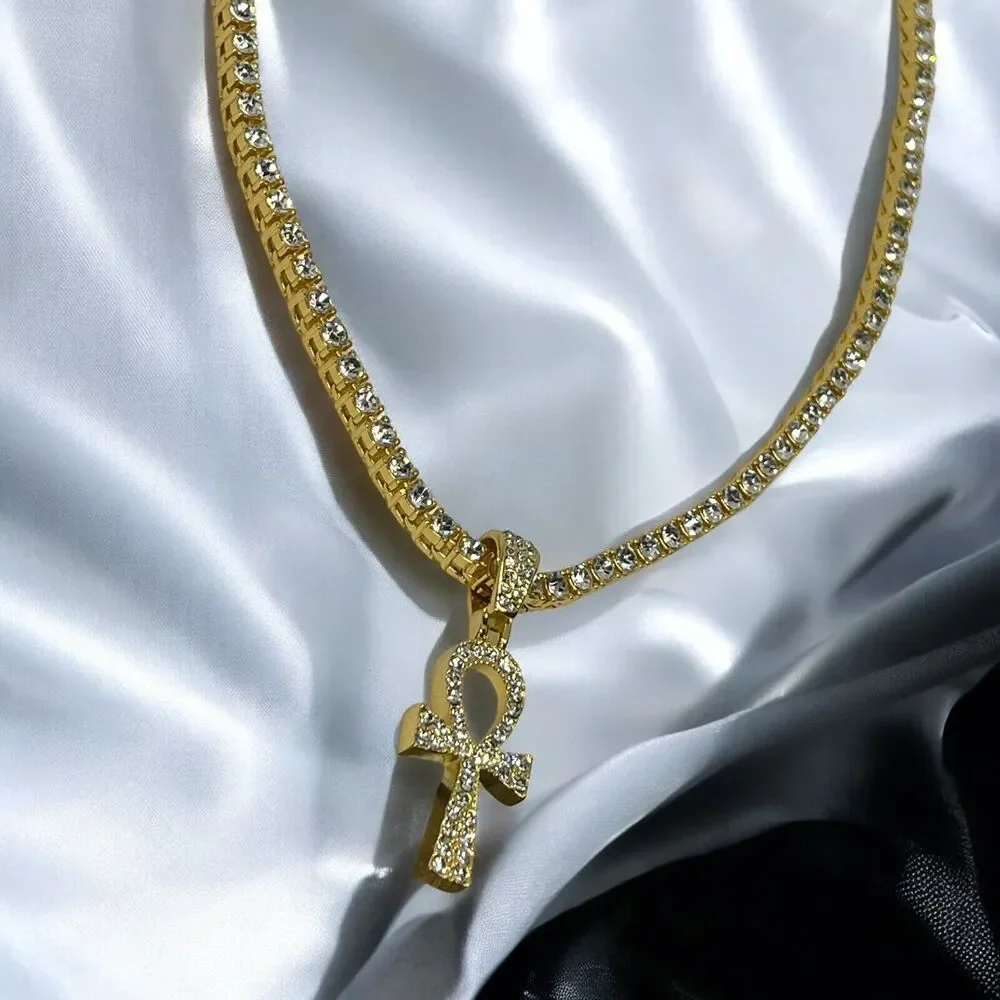 Gold Tone Ahnk Cross Tennis Pendant Necklace 23” Crystal Men's Faith Fashion NEW